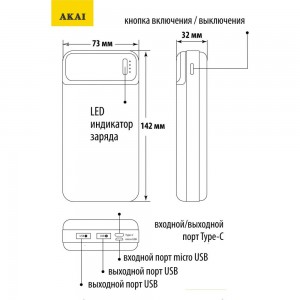 Внешний аккумулятор AKAI BE-20007 PD, 20 000 maH, черный BE-20007 PD черный