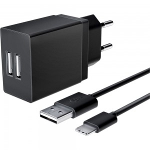Универсальное сетевое зарядное устройство AKAI CH-6A09 2 USB 2.1A + дата-кабель Type C, черный CH-6A09B