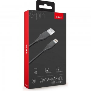 Дата-кабель AKAI USB 2.0 8-pin Apple Lightning черный CE-607B