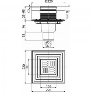 Трап Alca Plast регулируемый, вертикальный выпуск, комбинированный затвор, Дн50/75 решетка нерж сталь 105х105 мм APV4344 004-0784