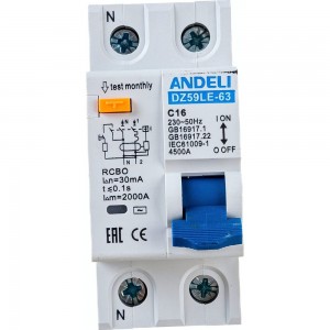 Дифференциальный автомат ANDELI DZ59LE-40 1P+N 16A 30mA х-ка С 4.5kA ADL02-052