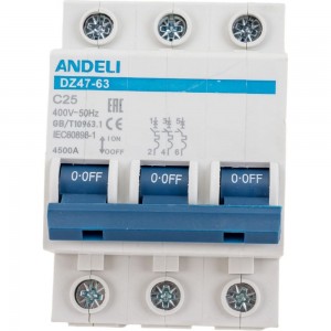 Автоматический выключатель ANDELI DZ47-63/3P 25A 4.5kA х-ка C ADL01-094