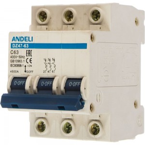 Автоматический выключатель ANDELI DZ47-63/3P 63A 4.5kA х-ка C ADL01-098