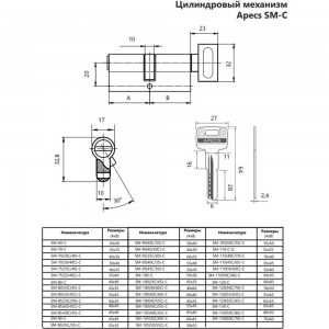 Цилиндровый механизм APECS SM-100/45/55C/-C-NI 23180