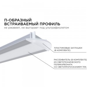 Алюминиевый прямой встраиваемый профиль Apeyron для светодиодной ленты 08-06