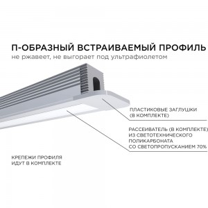 Алюминиевый профиль для Led ленты Apeyron встраиваемый, 12,4x9мм, 2м, лента до 5мм, комплект 08-39