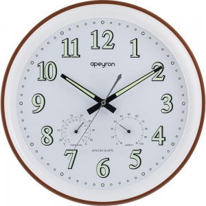 Круглые настенные часы Apeyron светящийся циферблат, термометр, гигрометр, коричневый, пластик, диаметр 34.1 см PL2207-263-3