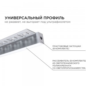 Алюминиевый профиль Apeyron для светодиодной ленты, под гипсокартон и плитку, серебро, 32x13мм, комплект 08-52