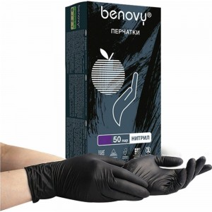 Медицинские диагностические одноразовые перчатки BENOVY нитриловые, черные, р. M, 100 шт 24 547