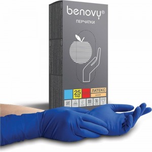 Медицинские диагностические одноразовые перчатки BENOVY из натурального латекса, синие, р. XL, 50 шт 15 534