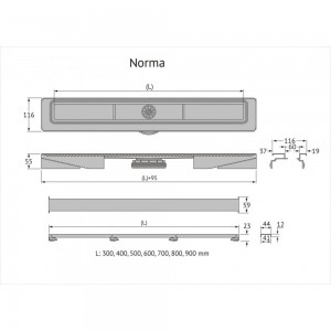 Напольный желоб водосток BERGES С1 Norma 600 S-сифон, D50, H60, боковой выпуск, 42l/m 090137