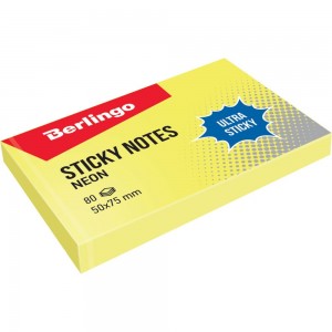 Самоклеящийся блок BERLINGO Ultra Sticky 50x75 мм, 80 листов, желтый неон LSn_39410