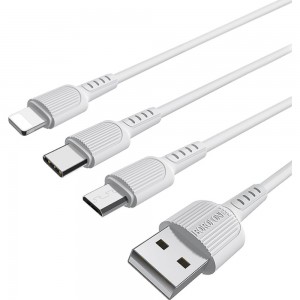 USB-кабель BOROFONE, 3-в-1 AM-8pin/microBM/Type-C 1 метр, 2.4A, ПВХ, белый 23752-BX16imtW