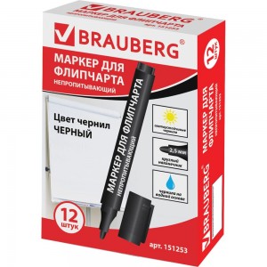 Маркер для флипчарта, непропитывающий, 2,5 мм, черный, BRAUBERG 151253