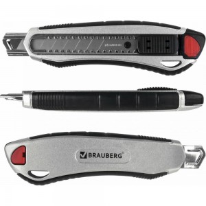 Канцелярский нож BRAUBERG мощный, 18 мм, Heavy duty, автофиксатор, резиновые вставки, металл 237158