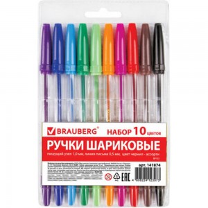 Прозрачные шариковые ручки BRAUBERG Line НАБОР 10 шт, узел 1 мм, линия письма 0,5 мм, 141874