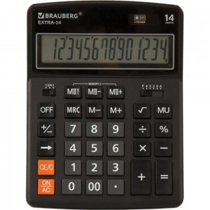 Настольный калькулятор BRAUBERG EXTRA-14-BK 206x155 мм, 14 разрядов, двойное питание, черный 250474
