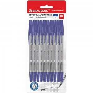 Шариковые ручки BRAUBERG M-500 набор 10 шт, синие, узел 0.7 мм, линия 0.35 мм 143454