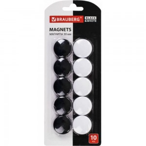 Усиленные магниты BRAUBERG BLACKWHITE 30 мм, набор 10 шт, черные/белые 237468