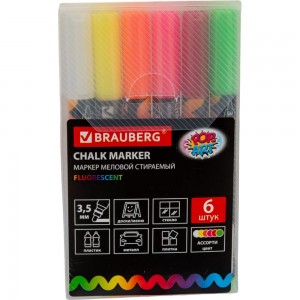 Сухостираемые меловые маркеры BRAUBERG POP-ART набор 6 шт, для гладких поверхностей, 3,5 мм, ассорти, 151526