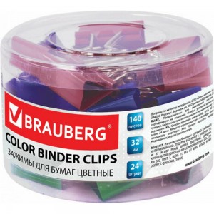 Зажимы для бумаг BRAUBERG комплект 40 шт., 19 мм, на 60 листов, цветные, в пластиковом цилиндре 221127
