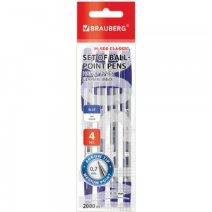 Шариковые ручки BRAUBERG M-500, НАБОР 4 шт, синие, узел 0.7мм, линия письма 0.35 мм 143453
