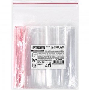 Прочные пакеты BRAUBERG EXTRA ZIP LOCK зиплок, комплект 100 шт, 10x15 cм, ПВД, 80 мкм 608176