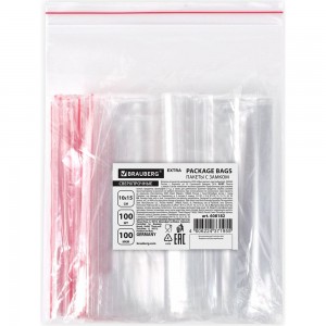 Сверхпрочные пакеты BRAUBERG EXTRA ZIP LOCK зиплок, комплект 100 шт, 10x15 см, ПВД, 100 мкм 608182