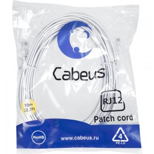 Телефонный патч-корд Cabeus 2x6р4с, белый, PVC, 10 м PC-TEL-RJ12-10m