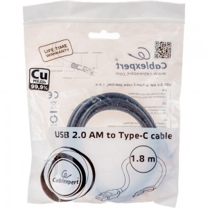 Кабель USB Cablexpert, USB2.0 AM/USB Type-C, 1.8м, пакет CCP-USB2-AMCM-6