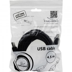 Кабель Cablexpert USB 2.0 Pro AM/BM, 4.5 м, экранированный, ферритовое кольцо, черный, пакет, CCF-USB2-AMBM-15