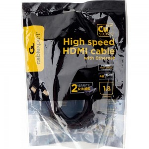 Кабель HDMI Cablexpert 1.8м, v2.0, 19M/19M, медь, черный, позолоченные разъемы, экран, 2 ферритовых кольца, пакет CCF2-HDMI4-6