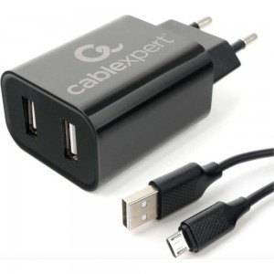 Адаптер питания Cablexpert USB 2 порта, 2.4A, черный + кабель 1м micro MP3A-PC-35