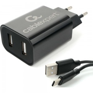 Адаптер питания Cablexpert USB 2 порта, 2.4A, черный + кабель 1м Type-C MP3A-PC-37