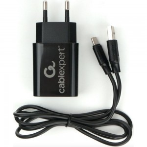 Адаптер питания Cablexpert USB 2 порта, 2.4A, черный + кабель 1м Type-C MP3A-PC-37