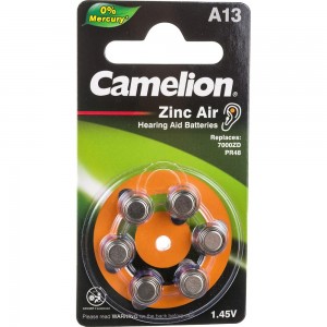 Батарейка для слуховых аппаратов Camelion ZA13 BL-6 Mercury Free A13-BP6 0%Hg, 1.4V, 280mAh 12824