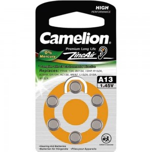Батарейка для слуховых аппаратов Camelion ZA13 BL-6 Mercury Free A13-BP6 0%Hg, 1.4V, 280mAh 12824