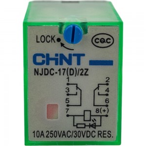 Промежуточное реле с кнопкой тестирования CHINT NJDC-17(D)/2Z 2 конт. с инд. LED 10А AC 220В 651044