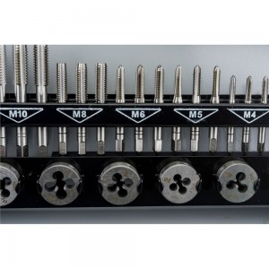 Комплект резьбонарезного инструмента: вороток и плашкодержатель CNIC и по 7 к-тов из 3шт метчиков и плашек М3-М12 Р6М5 в мет.кор.32поз 50051