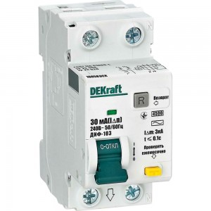 Автоматический выключатель дифференциального тока DEKraft 1Р+N 20А 30мА тип AC х-ка C ДИФ-103 4.5кА 16053DEK
