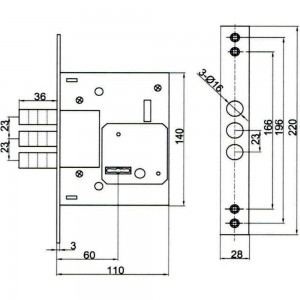 Корпус сувальдного замка DOORLOCK DL9257K/Z/60мм, 5 ключей, хромированная фронтальная планка 28х220мм, диаметр ригелей 16мм 75334