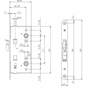 Корпус огнестойкого замка Doorlock DL 1902/21/65mm PZ ZN front 24x235, DIN, антипаника, для пассивной створки, симметричный 75402