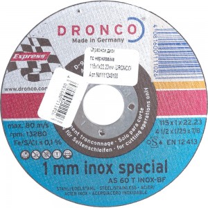 Диск отрезной по нержавейке Superior AS60T INOX (115x1x22.23 мм) DRONCO 1111240100