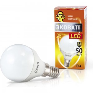 Светодиодная лампа ECOWATT P45, 230В, 5.3W, 2700K, E14, теплый белый свет, шарик 4606400419808
