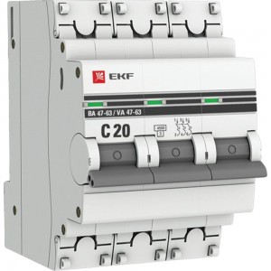 Автоматический выключатель EKF ВА47-63 3P 20А (С) 4.5кА PROxima mcb4763-3-20C-pro