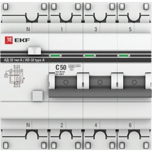 Дифференциальный автомат EKF PROxima АД-32 тип А, 3P+N, 50А/30мА, SQ DA32-50-30-4P-a-pro