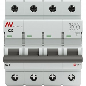 Автоматический выключатель EKF AVERES AV-6, 4P, 32A, C, 6kA, SQ mcb6-4-32C-av