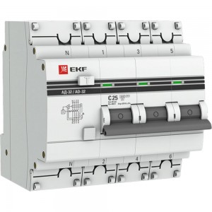 Дифференциальный автомат EKF PROxima АД-32, 3P+N, 25А/30мА, характеристика C, AC, электронный, защита 270В, 4,5кА DA32-25-30-4P-pro