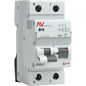 Дифференциальный автомат EKF AVERES DVA-6, 1P+N, 16А, B, 30мА, AC, 6кА, SQ rcbo6-1pn-16B-30-ac-av