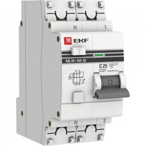 Дифференциальный автомат EKF PROxima АД-32, 1P+N, 25А/10мА, характеристика C, AC, электронный, защита 270В, 4,5кА, SQ DA32-25-10-pro